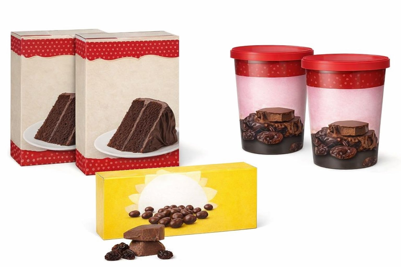 Olika förpackningar med glutenfria desserter och bakverk.