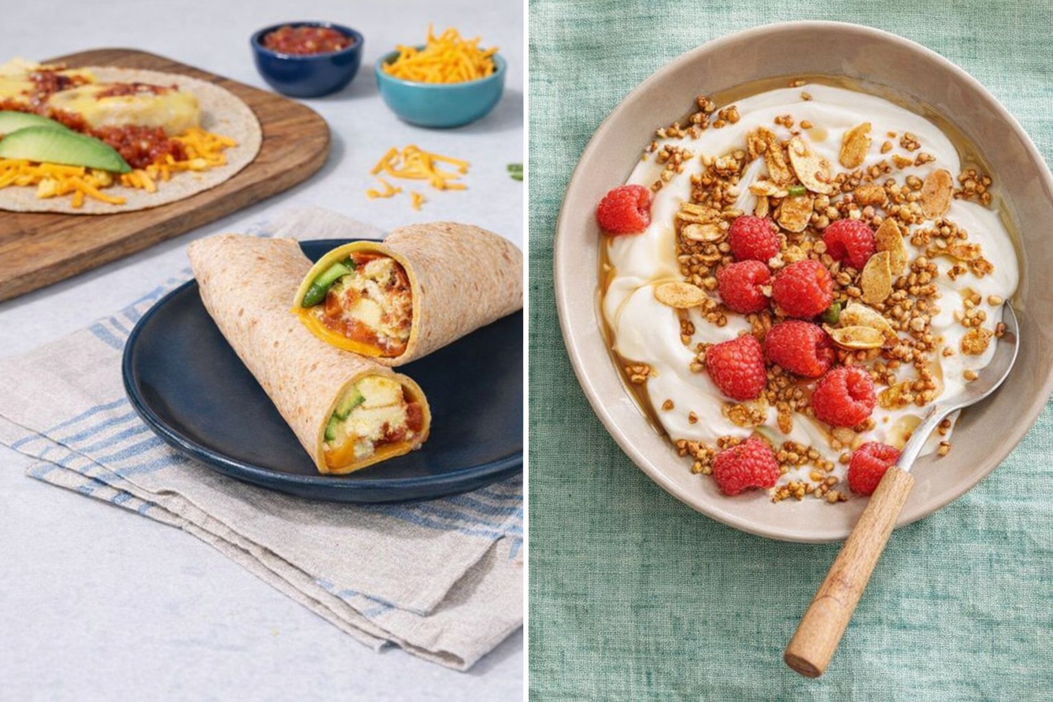 Proteinrik frukost med fyllda frukostwraps och en skål med grekisk yoghurt, granola och hallon.