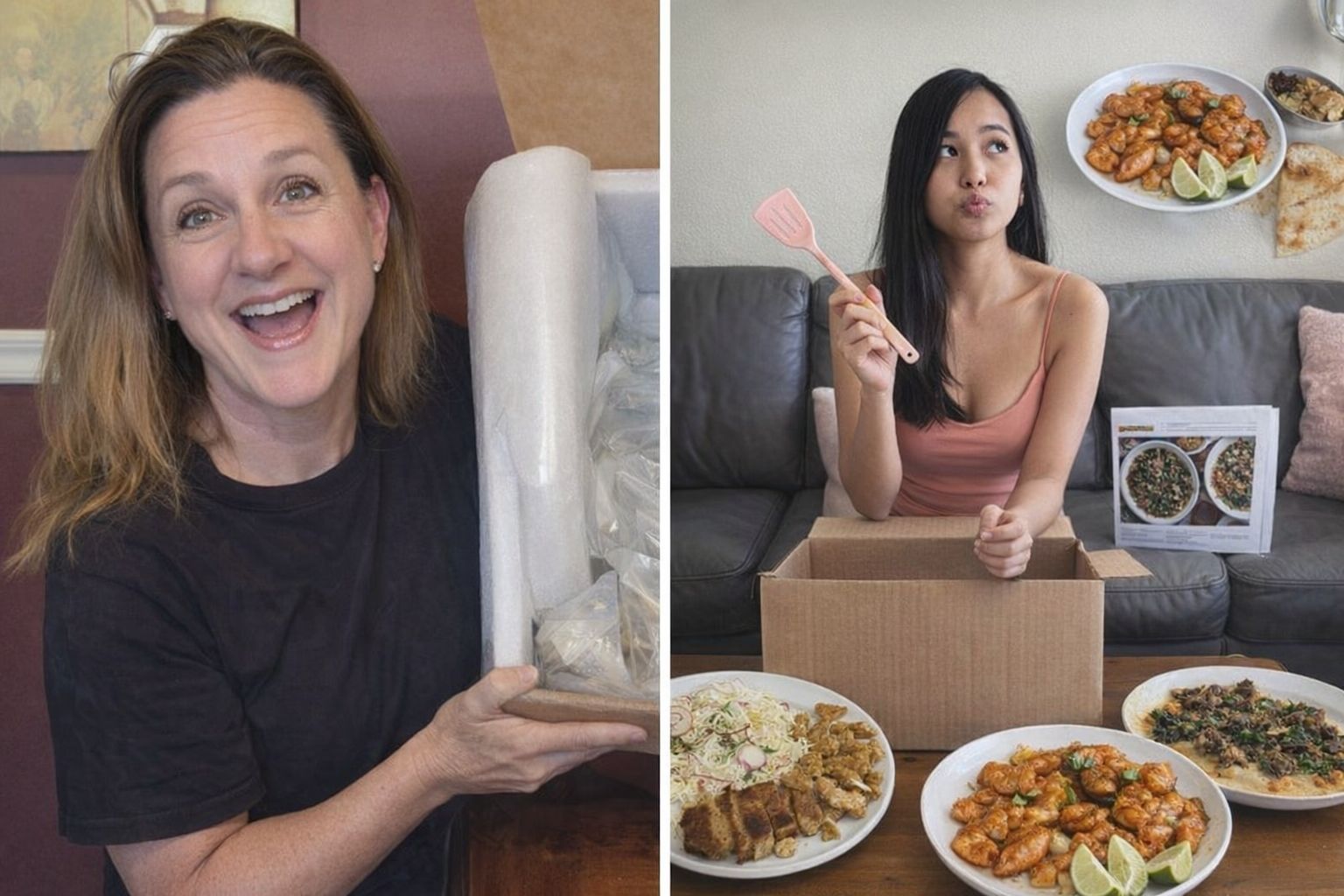 Kvinnor som packar upp en matkasse och visar färdiga rätter.